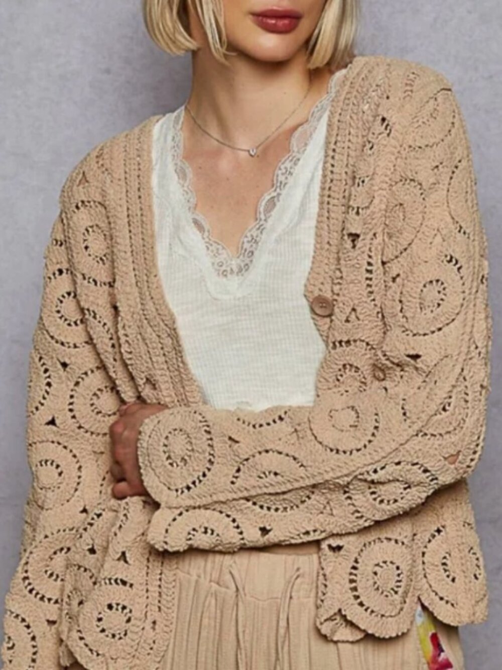 POL Mocha Crochet Knit Cardigan Boho Button Front Cotton Sweater OS